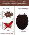 Diagram showing Elongated Wood Toilet Seat With Zinc Alloy Hinges Easy To Install And Clean Anti Pinch Design Durable Dark Brown Finish for sizing