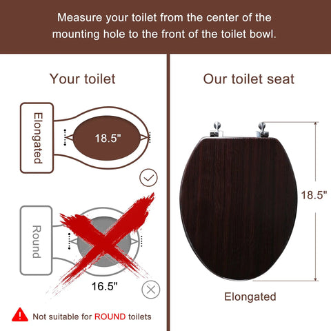 Diagram showing Elongated Wood Toilet Seat With Zinc Alloy Hinges Easy To Install And Clean Anti Pinch Design Durable Dark Brown Finish for sizing