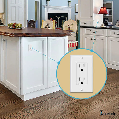 Decorator Receptacle Outlet With Wall Plate Tamper Resistant 15A 125V Residential Grade Self Grounding 2 Pole 3 Wire 10 Pack in kitchen