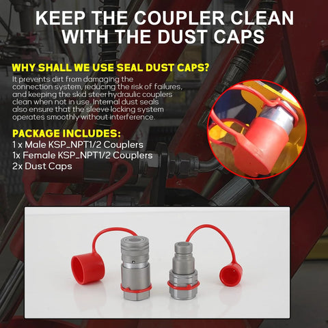 Hydraulic quick-connect coupler set with silver metal bodies and red dust caps, 3/4-in NPT, ISO 16028, showing installed/front views