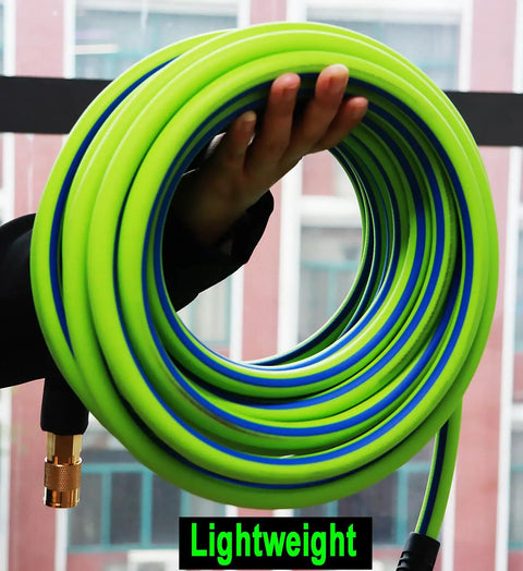 Person holding Heavy Duty Hybrid Air Hose Built To Last Three Eighths Inch By Fifty Feet Flexible And Lightweight No Kink Design
