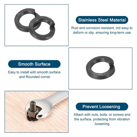M3 Split Lock Washers 300 Pack Heavy Duty Carbon Steel Black Oxide Finish For Screws Bolts Machinery close-up with wrench.