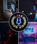 Live On Air Multicolor LED Neon Sign Dope Wall Decor With USB Power for bedroom, studio, and gaming setup shown in collage