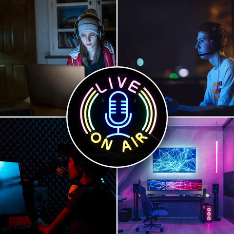 Live On Air Multicolor LED Neon Sign Dope Wall Decor With USB Power for bedroom, studio, and gaming setup shown in collage