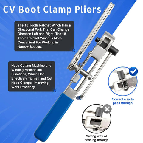 CV Joint Boot Clamp Pliers With Ratchet Adjust For Cars UTV ATV Repair, Heavy Duty Ear Type Clamp Crimping And Removal Tool, Telescopic Ratcheting Pliers With 18 Tooth Mechanism, Durable Automotive Clamp Tool For Easy Install. Blue-handled steel CV boot clamp pliers with 18-tooth ratchet
