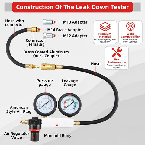 Front view of 8MILELAKE cylinder leak-down tester kit with dual gauges, hose, adapters, and manifold