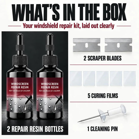 Windshield Crack Repair Kit 2 Pack Straight Up Solid Auto Glass Fix Tool That Smooths Out Chips Clean and includes resin bottles and tools.