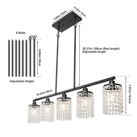 Diagram of Five Light Modern Black Linear Chandelier With Crystal Drops Pendant Lights For Kitchen Island And Dining Room, Prewired Raindrop Style Lighting Over Dining Table, Sleek Yet Dope Home Decor showing dimensions and adjustable height