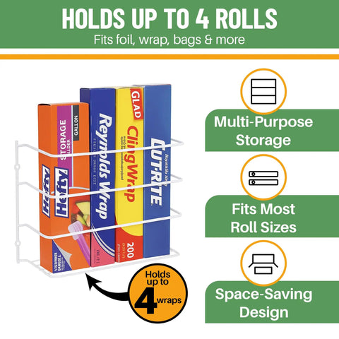Kitchen Wrap Organizer Set 2 Pack For Foil Plastic Wrap Wax Paper And Bags Mountable Over Cabinet Door Or Wall Rack with rolls