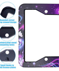 Universal Durable Aluminum License Plate Frame Cover 12.3 x 6.3 Inch Car Plate Holder Decor For Women And Men 2 Pack With Screws Weatherproof Easy Fit, showing close-up of butterfly pattern, rounded corners, and mounting holes.