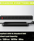 Eight outlet power strip with black cord, UL compliant, 15A 125VAC, 1875W, part of Power Tool Organizer With Built In Charging Station
