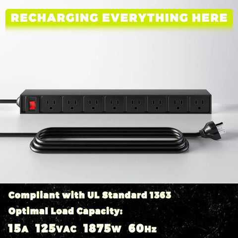 Eight outlet power strip with black cord, UL compliant, 15A 125VAC, 1875W, part of Power Tool Organizer With Built In Charging Station