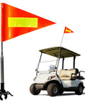 Orange Golf Cart Safety Flag Kit with 8x12 inch flag and 5 ft 4 in telescoping pole attached to a golf cart for high visibility.