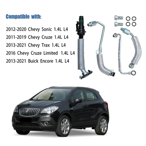 Turbo Oil Return Drain Line And Oil Feed Pipe Kit For Chevy Cruze Sonic Trax Buick Encore 1.4L Turbo Engine shown with compatible car models