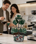 Dope 360 Degree Rotating Mug Holder Tree with ten hooks, three-tier rack with cups on kitchen countertop near coffee station.