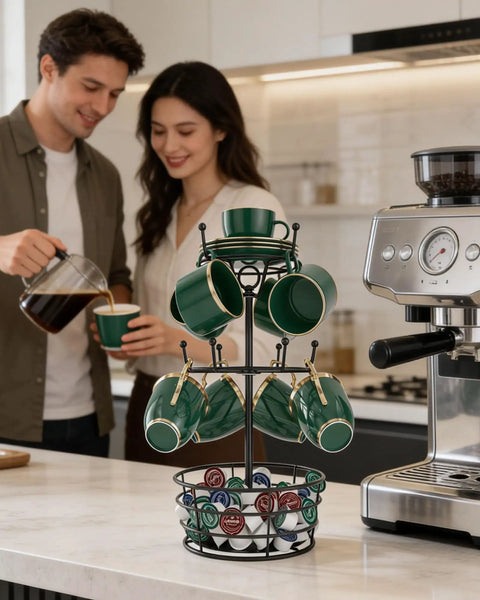 Dope 360 Degree Rotating Mug Holder Tree with ten hooks, three-tier rack with cups on kitchen countertop near coffee station.
