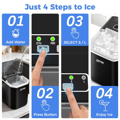 Steps showing Portable Countertop Ice Maker That Cranks Out Bullet Ice In 6 Minutes, 9 Cubes Per Batch, Up To 26 Lbs Per Day process