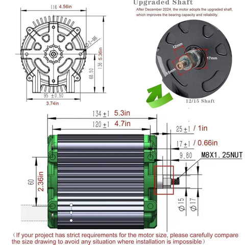 72V 5000W Brushless DC Motor Kit with Temperature Sensor dimensions and upgraded shaft details