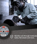 Worker using Silver Cut Off Wheel for Pipe Cutting and Metal Fabrication, Four Inch Diameter, Three Eighths Inch Arbor