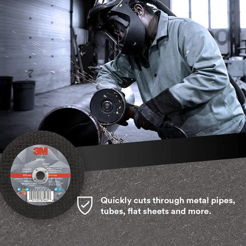 Worker using Silver Cut Off Wheel for Pipe Cutting and Metal Fabrication, Four Inch Diameter, Three Eighths Inch Arbor