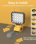 54W LED Work Light Cordless Flood Light with 7600 Lumens and 3800 Lumens dual brightness, 150° pivot head, USB-C port, shown with battery slot for Dewalt 18V-20V Li-ion.
