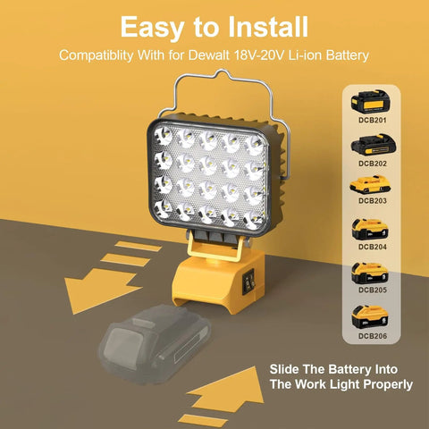54W LED Work Light Cordless Flood Light with 7600 Lumens and 3800 Lumens dual brightness, 150° pivot head, USB-C port, shown with battery slot for Dewalt 18V-20V Li-ion.