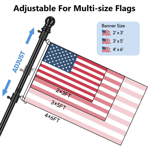 Outdoor 6 Foot Flag Pole Kit For Home And Yard With Adjustable Length From 1.3 To 6 Feet Black Metal Residential And Commercial Flagpole With Two Position Bracket Mount Rust Resistant And Durable For American Flags