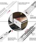 Rugged 12 Inch Full Extension Drawer Slides With Locking Mechanism 150 Lb Capacity Side Mount Ball Bearing Rails Smooth Roll, detailed features showing locking function and rubber pad.