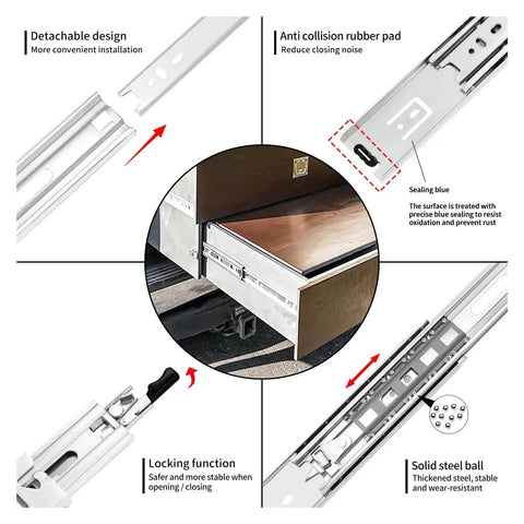 Rugged 12 Inch Full Extension Drawer Slides With Locking Mechanism 150 Lb Capacity Side Mount Ball Bearing Rails Smooth Roll, detailed features showing locking function and rubber pad.