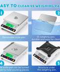 Top Notch Digital Lab Scale 10kg Capacity With 0.1g Precision, easy-to-clean stainless steel weighing pan shown in multiple views