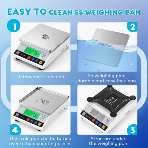 Top Notch Digital Lab Scale 10kg Capacity With 0.1g Precision, easy-to-clean stainless steel weighing pan shown in multiple views
