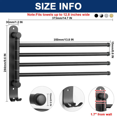 Top Shelf Swivel Towel Rack Built From Solid 304 Steel Spacious Four Arm Wall Mount Bath Station Sporting Rustproof Spin Nifty Side Hook And Chill Matte Black Finish dimensions and detailed features