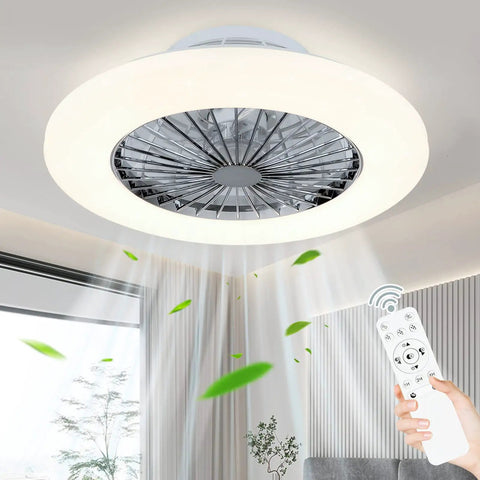Modern LED Ceiling Fan With Lights 20 Inch Flush Mount Dimmable Remote Low Profile Seven Invisible Blades Three Color Temperatures Timing Function Dope Starry Sky Lampshade For Bedroom Or Living Room