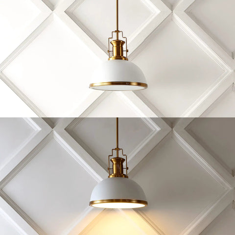 13 Inch Brass Gold And White Modern Industrial Iron LED Dome Pendant Light With Adjustable Hanging Fixture For Kitchen Island Or Entryway White Metal Shade LED Bulb Included Slick And Functional