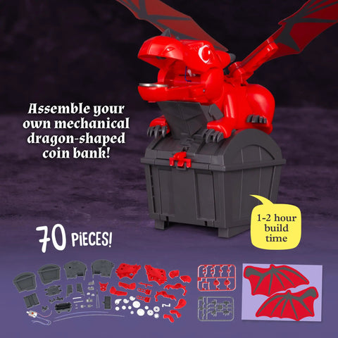 Hands On Robotic Dragon Coin Bank Kit for Kids 8 Plus with 70 pieces highlighted on purple background.