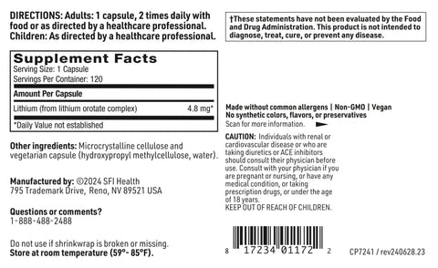 Supplement label for Lithium Orotate 4.8 Mg Supplement For Mood Balance And Focus Boost With Bioavailable Trace Minerals In 120 Capsules