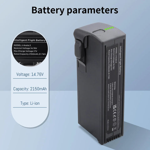 3 Pack Avata 2 Battery Set With 2150mAh High Capacity And Upgraded Two Way Three Channel Charging Hub For Avata 2 Drone Boosted Max Flight Time Fast Charge Fully Compatible With OEM Avata 2 Batteries, showing battery parameters and details.