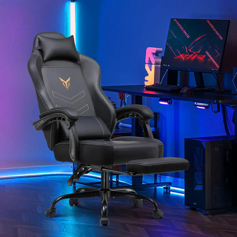 All Day Comfy Ergonomic Gaming Chair With Footrest And Recline Headrest And Lumbar Support Black at gaming desk setup