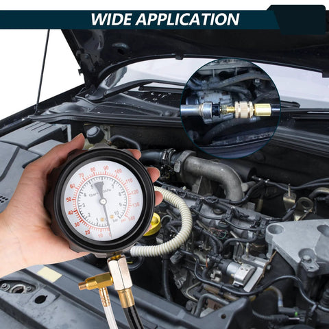 Front view of a hand-held 0-140 PSI fuel pressure tester gauge connected to a car fuel rail; inset shows brass adapter.