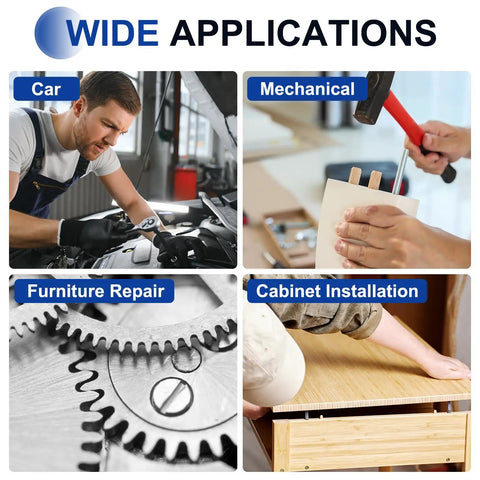 Wide applications including mechanical work, cabinet installation, furniture repair, and car maintenance.