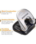 EZ Squeeze Reduced Effort Two Hole Punch For Home Office With No Jam Technology, metal construction, shown with features labeled.