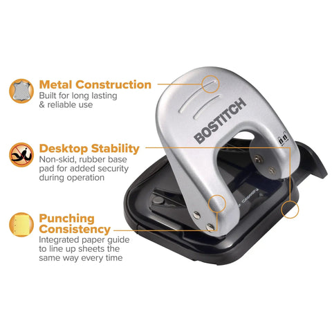 EZ Squeeze Reduced Effort Two Hole Punch For Home Office With No Jam Technology, metal construction, shown with features labeled.