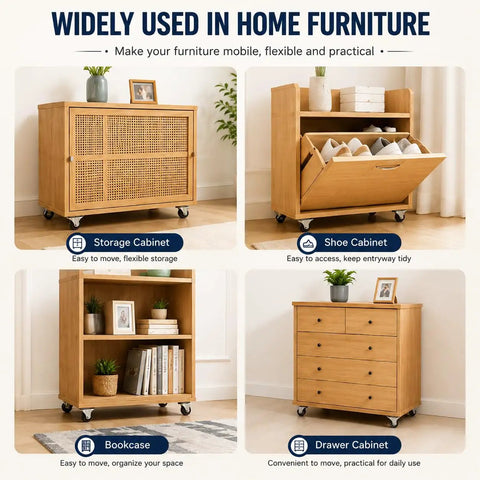 Mini Fixed Caster Wheels Set For Small Furniture And Appliances Low Profile Non Swivel Rubber Casters With Steel Top Plate And Screws 1 Inch 20 Pack Durable Construction For Smooth Glide And Move Easy under various wooden cabinets and bookcases.