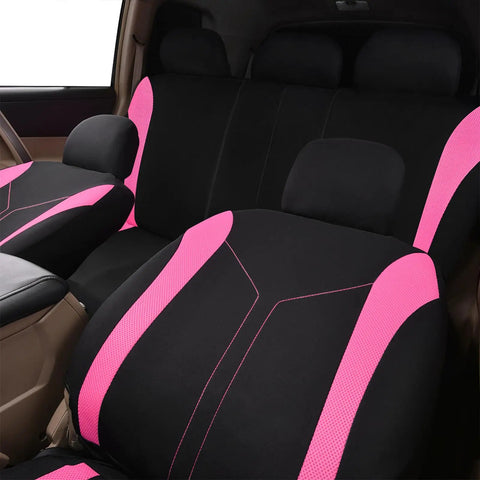 Universal Car Seat Covers Full Set For Front Seats And Rear Bench With Mesh Splicing Polyester Fabric Black With Pink Accent