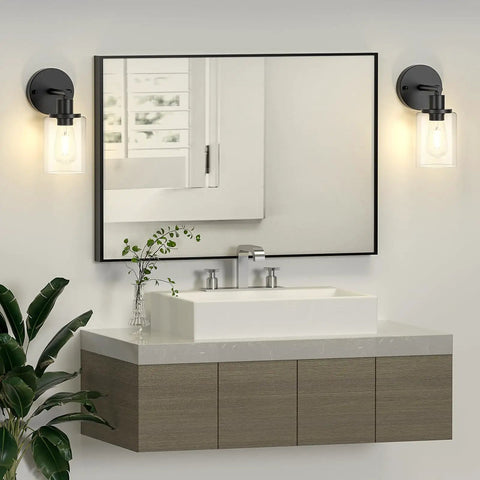 Black Wall Sconces Set Of Two With Clear Glass Shade next to mirror in bathroom, modern 1-light design, bulbs not included