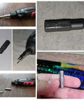Eight Pack Precision Bit Adapters Set For Micro Bits To One Quarter Inch Hex Converter shown with electric drill and close-up views