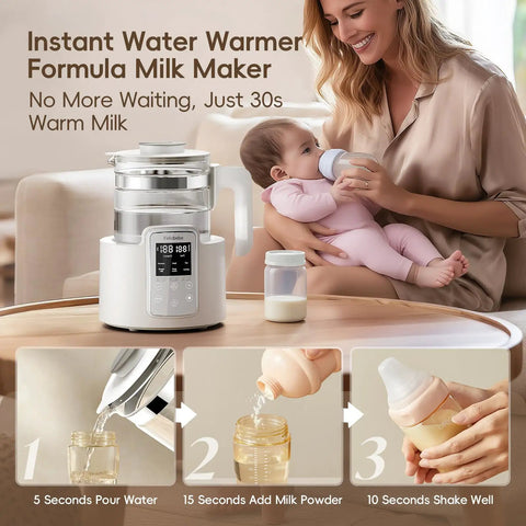 No Fuss Baby Bottle Warmer And Electric Kettle Featuring Ridiculously Fast Cool Down Fan Six Custom Temp Presets With Bright Lcd Screen heating milk for a baby in a cozy setting.