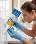 Woman applying Hardcore Grout Repair Sealant For Shower And Bathtub Fast Drying Tile Caulk between tiles.