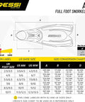 Size chart and diagram for Agua Full Foot Snorkeling Fins with Self Adjusting Foot Pocket System, Pink, Size 39/40.
