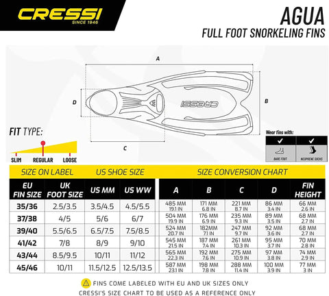 Size chart and diagram for Agua Full Foot Snorkeling Fins with Self Adjusting Foot Pocket System, Pink, Size 39/40.